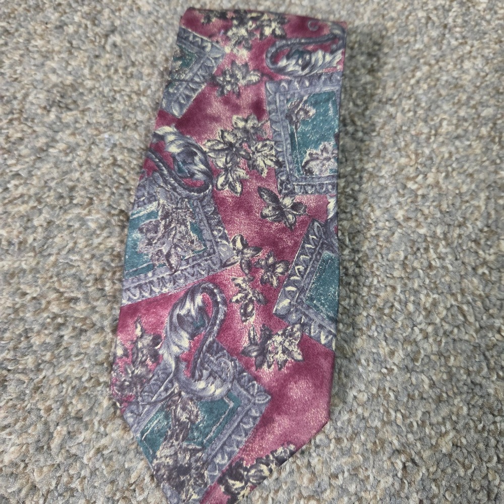 Etienne Aigner Men Silk Necktie Burgundy Teal Abstract Floral Pattern Made in MX